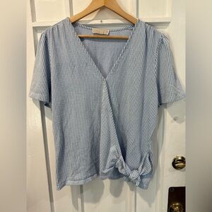 MICHAEL Michael Kors Blue and White Striped V-Neck Blouse